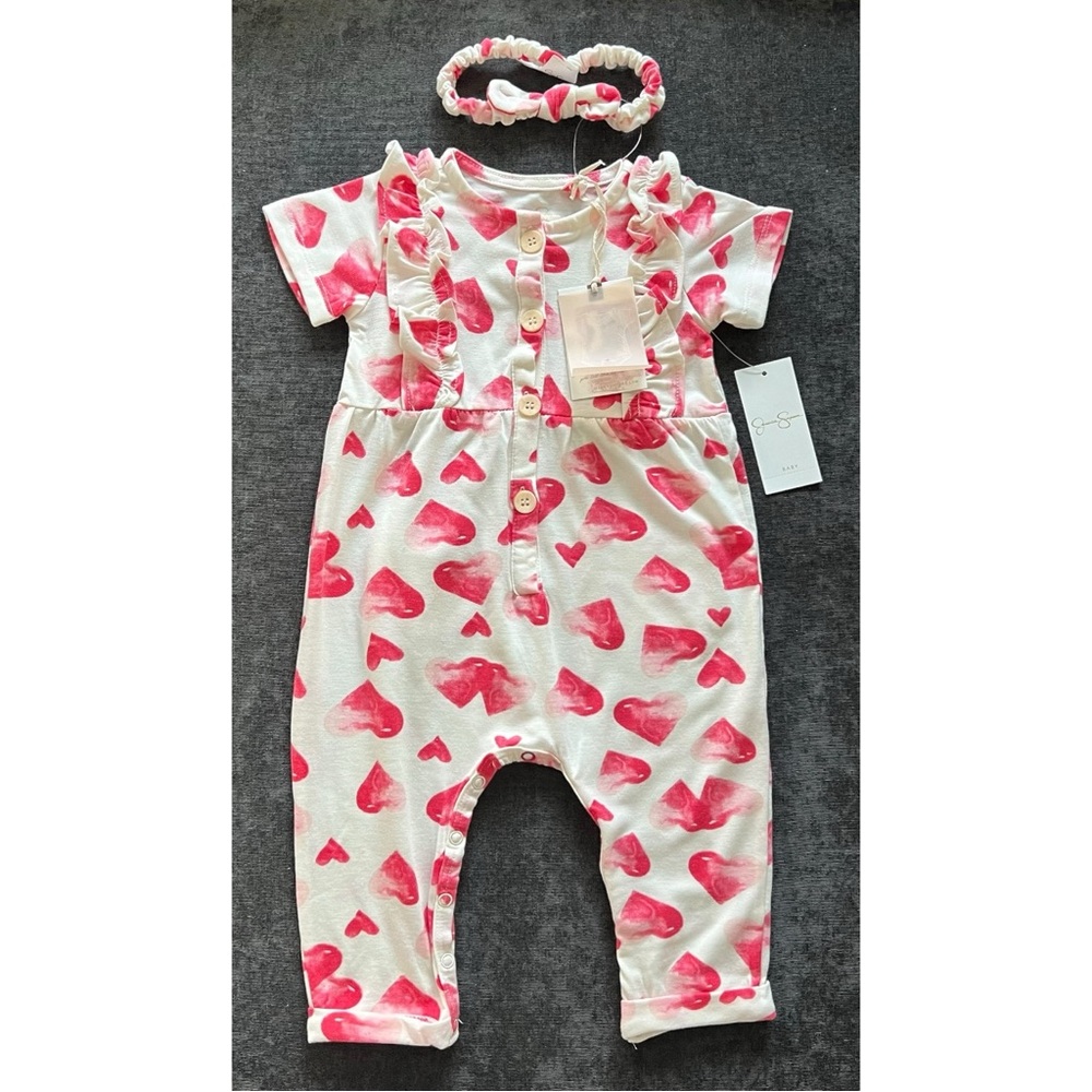NWT Jessica Simpson Hearts Coverall and Headband Set 12 Months